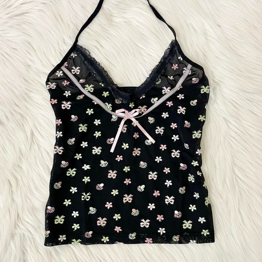 Vintage Y2K embroidered halter top with pink bow 💗